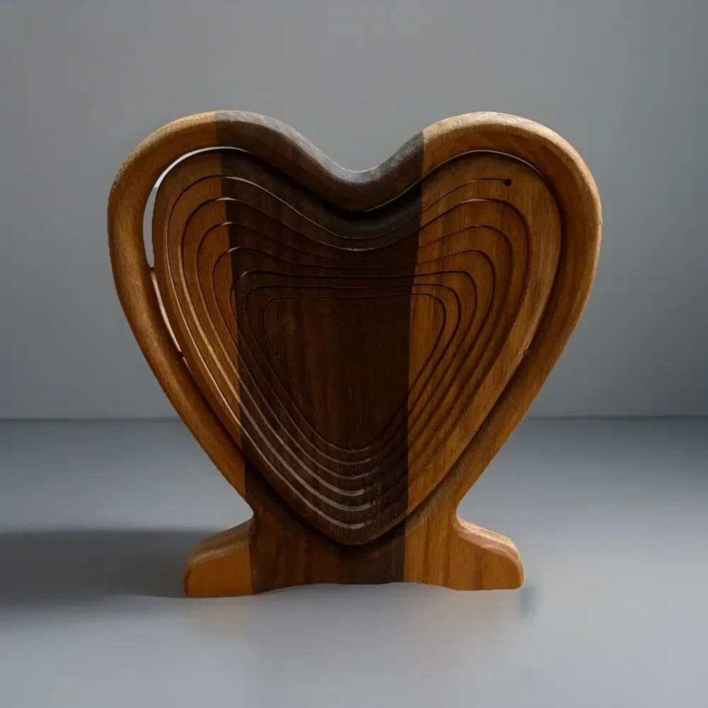 Vintage Mid-Century Accordion Wood Heart Shaped Folding Fruit Basket Trivet Bowl